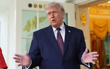 President Donald Trump speaks outside the Oval Office of the White House, on April 13, 2026, in Washington. (AP Photo/ Alex Brandon)