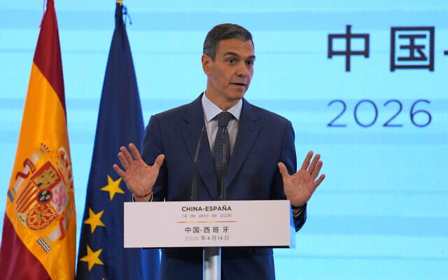 Spain's Prime Minister Pedro Sanchez gestures as he speaks during a press conference in Beijing, China, April 14, 2026. (AP/Ng Han Guan) Spain's Prime Minister Pedro Sanchez gestures as he speaks during a press conference in Beijing, China, April 14, 2026. (AP/Ng Han Guan)