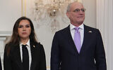 Israeli Ambassador to the US Yechiel Leiter and Lebanese Ambassador to the US Nada Hamadeh Moawad at the US State Department in Washington, April 14, 2026. (AP/Jacquelyn Martin)