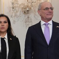 Israeli Ambassador to the US Yechiel Leiter and Lebanese Ambassador to the US Nada Hamadeh Moawad at the US State Department in Washington, April 14, 2026. (AP/Jacquelyn Martin)