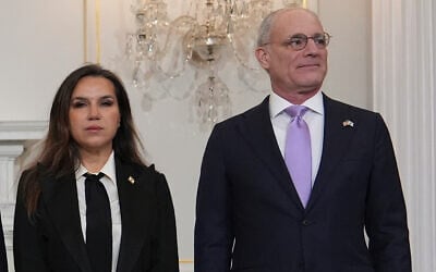 Israeli Ambassador to the US Yechiel Leiter and Lebanese Ambassador to the US Nada Hamadeh Moawad at the US State Department in Washington, April 14, 2026. (AP/Jacquelyn Martin) Israeli Ambassador to the US Yechiel Leiter and Lebanese Ambassador to the US Nada Hamadeh Moawad at the US State Department in Washington, April 14, 2026. (AP/Jacquelyn Martin)