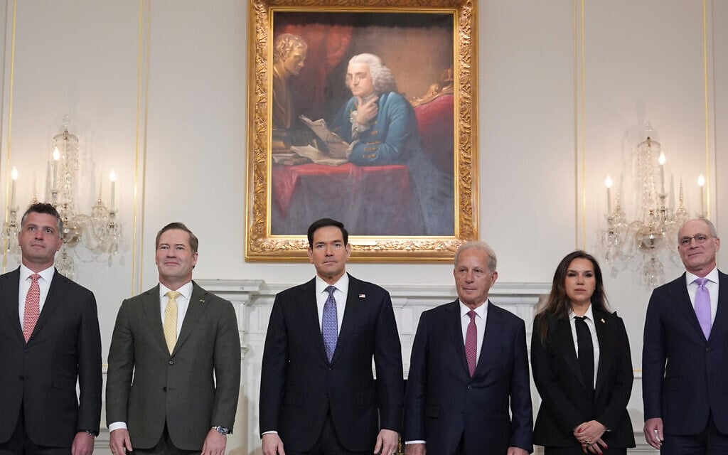 From left, Michael Needham, counselor for the US Dept. of State, US. Ambassador to the United Nations Mike Waltz, Secretary of State Marco Rubio, US Ambassador to Lebanon Michel Issa, Lebanese Ambassador to the US Nada Hamadeh Moawad, and Israeli Ambassador to the US Yechiel Leiter pose for a photo before a meeting at the State Department in Washington, April 14, 2026. (AP Photo/Jacquelyn Martin)