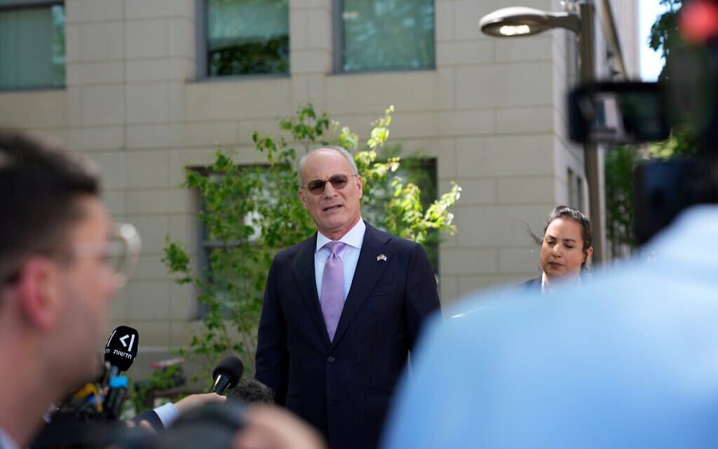 Israeli Ambassador to the US Yechiel Leiter speaks to reporters outside of the State Department in Washington, April 14, 2026. (AP/Pablo Martinez Monsivais)