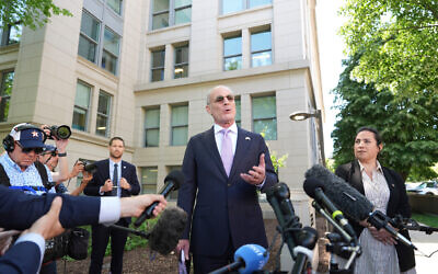 Israeli Ambassador to the US Yechiel Leiter speaks with reporters outside of the State Department in Washington, April 14, 2026. (Jacquelyn Martin/AP)
