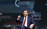 US Vice President JD Vance speaks at a Turning Point USA tour stop at the University of Georgia in Athens, Ga., April 14, 2026. (AP Photo/Erik S. Lesser)