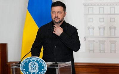 Ukraine's President Volodymyr Zelensky attends a press conference in Rome, April 15, 2026. (AP/ Alessandra Tarantino)