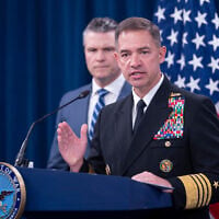 CENTCOM chief Adm. Brad Cooper speaks to members of the media during a press briefing with US Defense Secretary Pete Hegseth, left, at the Pentagon, in Washington, April 16, 2026. (Kevin Wolf/AP)
