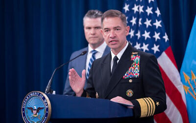 CENTCOM chief Adm. Brad Cooper speaks to members of the media during a press briefing with US Defense Secretary Pete Hegseth, left, at the Pentagon, in Washington, April 16, 2026. (Kevin Wolf/AP)