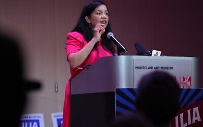 Analilia Mejia speaks to supporters after winning New Jersey's 11th Congressional District special election, April 16, 2026, in Montclair, NJ. (AP Photo/Frank Franklin II)