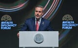 Turkey's Foreign Minister Hakan Fidan speaks during the opening ceremony of the Antalya Diplomacy Forum, in Antalya, southern Turkey, April 17, 2026. (AP Photo/Riza Ozel)