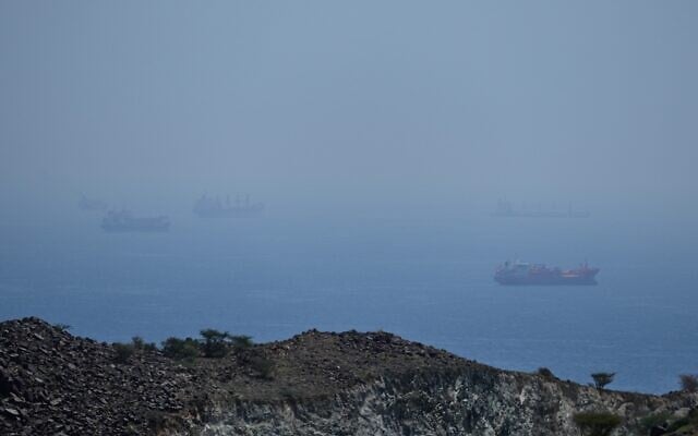 Tankers and bulk carriers anchored in the Strait of Hormuz, April 18, 2026. (AP Photo)