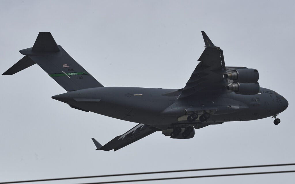 A US Air Force Boeing C-17 Globemaster III transport aircraft prepares to land at Nur Khan airbase, ahead of the planned second round of negotiations between the US and Iran, in Rawalpindi, Pakistan, April 20, 2026. (AP Photo/Ehsan Shahzad)