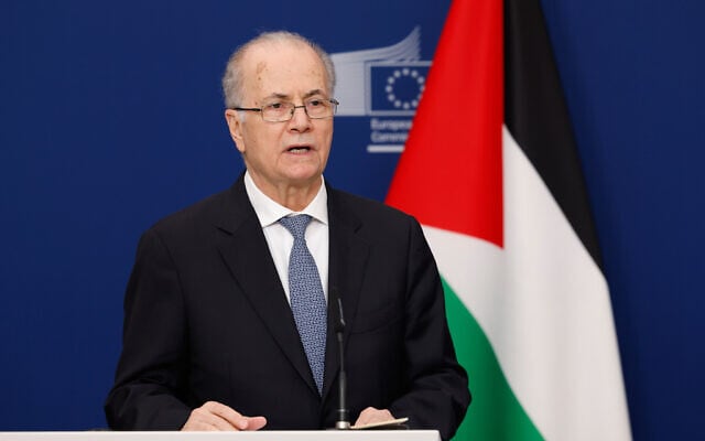 Palestinian Authority Prime Minister Mohammad Mustafa addresses a media conference at EU headquarters in Brussels, April 20, 2026. (AP/ Geert Vanden Wijngaert) Palestinian Authority Prime Minister Mohammad Mustafa addresses a media conference at EU headquarters in Brussels, April 20, 2026. (AP/ Geert Vanden Wijngaert)