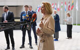 European Union foreign policy chief Kaja Kallas speaks with the media as she arrives for a meeting of EU foreign ministers at the European Council building in Luxembourg, April 21, 2026. (AP Photo/Virginia Mayo)