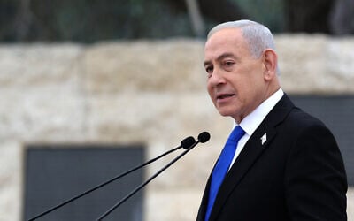 Prime Minister Benjamin Netanyahu attends a state Memorial Day ceremony commemorating fallen soldiers, at Mount Herzl in Jerusalem, April 21, 2026. (Ilia Yefimovich/Pool Photo via AP)