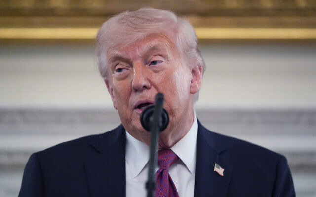 US President Donald Trump speaks during an event for NCAA national champions in the State Dining Room of the White House, April 21, 2026, in Washington. (AP Photo/Alex Brandon)