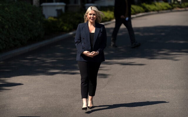 White House press secretary Karoline Leavitt walks to speak with reporters outside the White House, April 22, 2026, in Washington. (AP Photo/Mark Schiefelbein) White House press secretary Karoline Leavitt walks to speak with reporters outside the White House, April 22, 2026, in Washington. (AP Photo/Mark Schiefelbein)