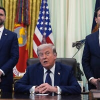 US President Donald Trump speaks as Secretary of State Marco Rubio, right, and Vice President JD Vance listen in the Oval Office at the White House, April 23, 2026, in Washington. (AP/Mark Schiefelbein)