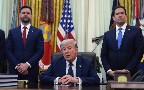 US President Donald Trump speaks as Secretary of State Marco Rubio, right, and Vice President JD Vance listen in the Oval Office at the White House, April 23, 2026, in Washington. (AP/Mark Schiefelbein)