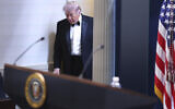 US President Donald Trump arrives at the James Brady Press Briefing Room at the White House after a shooting at the annual White House Correspondents' Association Dinner in Washington, April 25, 2026. (AP Photo/Tom Brenner)