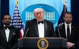 US President Donald Trump speaks in the James Brady Press Briefing Room at the White House after a security threat at the annual White House Correspondents' Association Dinner in Washington, April 25, 2026, as FBI director Kash Patel and Homeland Security Secretary Markwayne Mullin listen. (AP Photo/Jose Luis Magana)