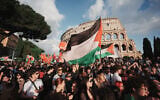 People stage a protest after Israel detained activists from a Gaza-bound anti-Israel flotilla, in Rome, Italy, April 30, 2026. (AP Photo/Andrew Medichini)