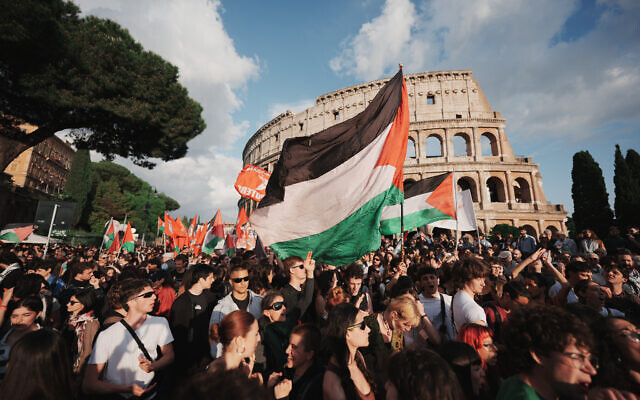 People stage a protest after Israel detained activists from a Gaza-bound anti-Israel flotilla, in Rome, Italy, April 30, 2026. (AP Photo/Andrew Medichini) People stage a protest after Israel detained activists from a Gaza-bound anti-Israel flotilla, in Rome, Italy, April 30, 2026. (AP Photo/Andrew Medichini)
