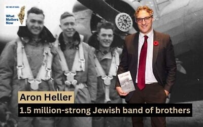 Author Aron Heller (courtesy) / Background: Mickey Heller (far left), Ralph Oren (second from right), and friends in front of a bomber plane. (Courtesy of the Heller family)