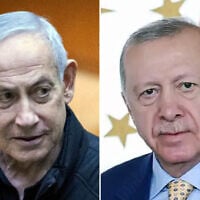 Prime Minister Benjamin Netanyahu, left, seen during a vote on the state budget in the Knesset, Jerusalem, March 29, 2026. (Yonatan Sindel/Flash90); Turkey's President Recep Tayyip Erdogan (R) during a meeting with Ukraine's President Volodymyr Zelensky (unseen) at Dolmabahce Presidential Office, in Istanbul. (TURKISH PRESIDENTIAL PRESS SERVICE / AFP)