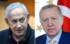 Prime Minister Benjamin Netanyahu, left, seen during a vote on the state budget in the Knesset, Jerusalem, March 29, 2026. (Yonatan Sindel/Flash90); this handout photograph taken and released by the Turkish presidential press service on April 4, 2026, shows Turkey's President Recep Tayyip Erdogan (R) during a meeting with Ukraine's President Volodymyr Zelensky (unseen) at Dolmabahce Presidential Office, in Istanbul. (TURKISH PRESIDENTIAL PRESS SERVICE / AFP)