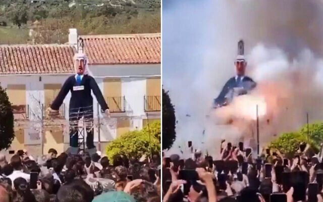 An effigy of Israeli Prime Minister Benjamin Netanyahu before and after being exploded in El Burgo, Spain on April 5, 2026. (X, used in accordance with Clause 27a of the Copyright Law) An effigy of Israeli Prime Minister Benjamin Netanyahu before and after being exploded in El Burgo, Spain on April 5, 2026. (X, used in accordance with Clause 27a of the Copyright Law)