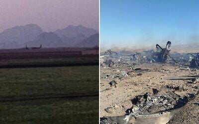 L-R: An image posted to social media on April 5, 2026, purportedly shows an airbase in Iran used by US forces to successfully rescue a downed US F-15 WSO. (Social media, used in accordance with Clause 27a of the Copyright Law); a handout photo provided by Iran's Islamic Revolutionary Guard Corps official website Sepah News on April 5, 2026, purportedly shows smoke billowing from the site of targeted and crashed US aircraft in central Iran. (Sepah) L-R: An image posted to social media on April 5, 2026, purportedly shows an airbase in Iran used by US forces to successfully rescue a downed US F-15 WSO. (Social media, used in accordance with Clause 27a of the Copyright Law); a handout photo provided by Iran's Islamic Revolutionary Guard Corps official website Sepah News on April 5, 2026, purportedly shows smoke billowing from the site of targeted and crashed US aircraft in central Iran. (Sepah)