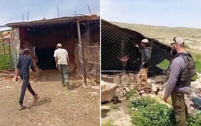 Settlers approach a Palestinian livestock pen in Al-Mirkaz in the South Hebron Hills on April 15, 2026. (Screenshots/X used in accordance with clause 27a of the copyright law)