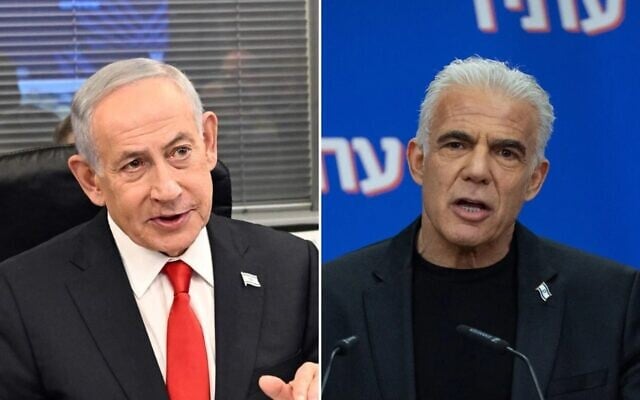 Prime Minister Benjamin Netanyahu (left) at the IDF's Kirya military headquarters on March 17, 2025. (Haim Zach/GPO); Opposition Leader and head of the Yesh Atid party MK Yair Lapid leads a faction meeting at the Knesset, Jerusalem, March 23, 2026. (Yonatan Sindel/Flash90)