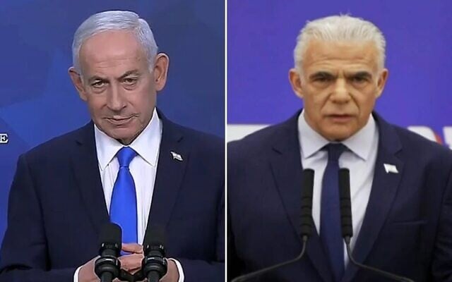 Prime Minister Benjamin Netanyahu (left) delivers a statement, April 8, 2026. (GPO screenshot); Opposition leader Yair Lapid gives a televised address, April 8, 2026. (Channel 12 screenshot)