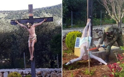 An IDF soldier appears to destroy a statue of Jesus in southern Lebanon (seen in an undated photo on the left side prior to the incident), in an image uploaded to social media on April 19, 2026. (Social media, used in accordance with Clause 27a of the Copyright Law)