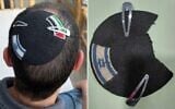 Alex Sinclair's kippa before, left, and the mutilated kippa with the Palestinian flag removed after being detained, as pictured on April 23, 2026. (Alex Sinclair/Facebook)