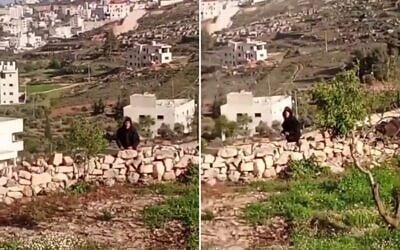 A person is seen throwing rocks in a video shared by Hebrew media on April 11, 2026, ostensibly showing the lead-up to a clash that day in which a reservist soldier shot and killed a Palestinian. (Screenshot via Ynet)