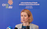European Union foreign policy chief Kaja Kallas speaking with the media as she arrives for the EU Summit in Nicosia, Cyprus, April 24, 2026. (Petros Karadjias/AP)
