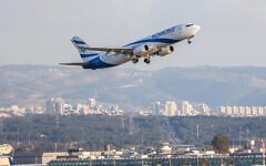 An El Al plane takes off at Ben Gurion International Airport, outside of Tel Aviv, March 5, 2026. (Yossi Aloni/Flash90)