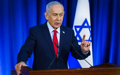 Prime Minister Benjamin Netanyahu speaks during a press conference in Jerusalem, March 19, 2026. (Shalev Shalom/POOL)