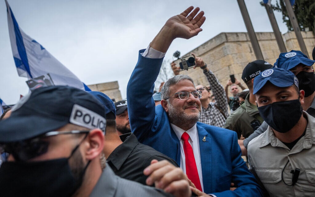 National Security Minister Itamar Ben Gvir outside the High Court in Jerusalem, April 15, 2026 (Yonatan Sindel/Flash90)