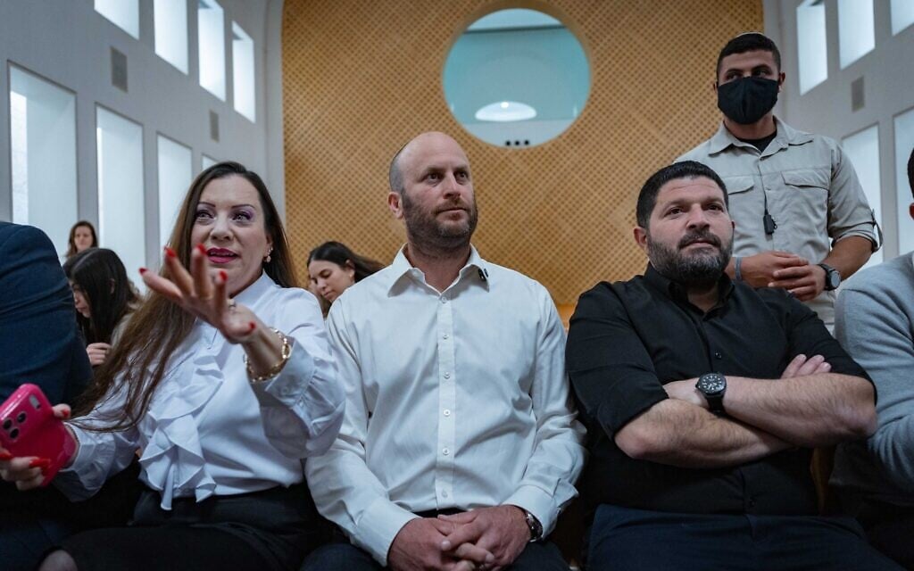 MK's Tally Gotliv, Yitzhak Kroizer and deputy minister in the Prime Minister's Office Almog Cohen seen before a court hearing on the possible dismissal of National Security Minister Itamar Ben Gvir at the Supreme Court in Jerusalem, April 15, 2026. (Yonatan Sindel/Flash90)