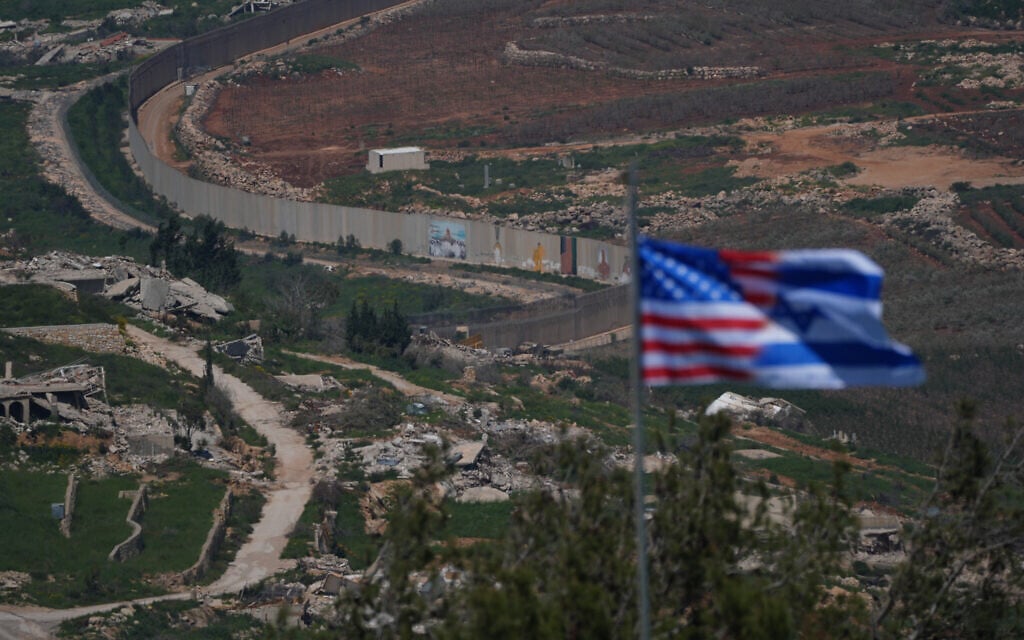 A combined US and Israeli flag can be seen on the Israeli border with Lebanon, northern Israel, on April 23, 2026. (Ayal Margolin/Flash90) A combined US and Israeli flag can be seen on the Israeli border with Lebanon, northern Israel, on April 23, 2026. (Ayal Margolin/Flash90)