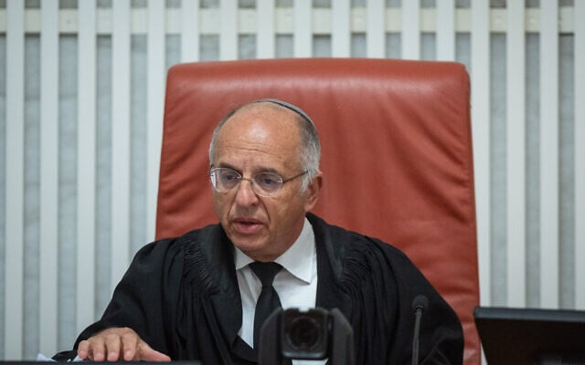 Justice Noam Sohlberg at a hearing on a petition demanding the formation of a state commission of inquiry into October 7 at the High Court in Jerusalem, April 23, 2026. (Yonatan Sindel/Flash90)