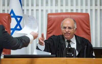 Israel's Supreme Court Deputy Chief Justice Noam Sohlberg presides over a hearing on petitions demanding the formation of a state commission of inquiry into the October 7 attack, April 23, 2026. (Yonatan Sindel/Flash90)