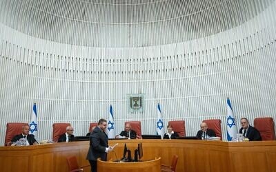 Justices hear petitions demanding the formation of a state commission of inquiry into security failures surrounding the Hamas-led onslaught of October 7, 2023, at the High Court in Jerusalem on April 23, 2026. (Yonatan Sindel/ Flash90)