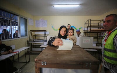 Palestinians vote during local elections, in Deir al-Balah, Gaza Strip, on April 25, 2026. (Ali Hassan/Flash90)