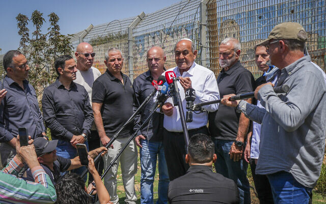 Local authority heads in northern Israel hold a press conference in Moshav Shtula near the Israeli border with Lebanon, in light of the strained security situation in the area despite a ceasefire, April 27, 2026. (Ayal Margolin/Flash90) Local authority heads in northern Israel hold a press conference in Moshav Shtula near the Israeli border with Lebanon, in light of the strained security situation in the area despite a ceasefire, April 27, 2026. (Ayal Margolin/Flash90)