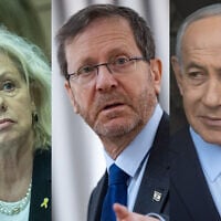 Left: Attorney General Gali Baharav-Miara attends a Knesset Constitution, Law and Justice Committee meeting in Jerusalem, April 27, 2025. (Yonatan Sindel/Flash90); center: President Isaac Herzog at the president's residence in Jerusalem, March 12, 2026. (Yonatan Sindel/Flash90); right: Prime Minister Benjamin Netanyahu visits the Yad Vashem Holocaust memorial in Jerusalem, February 26, 2026. (Chaim Goldberg/Flash90)